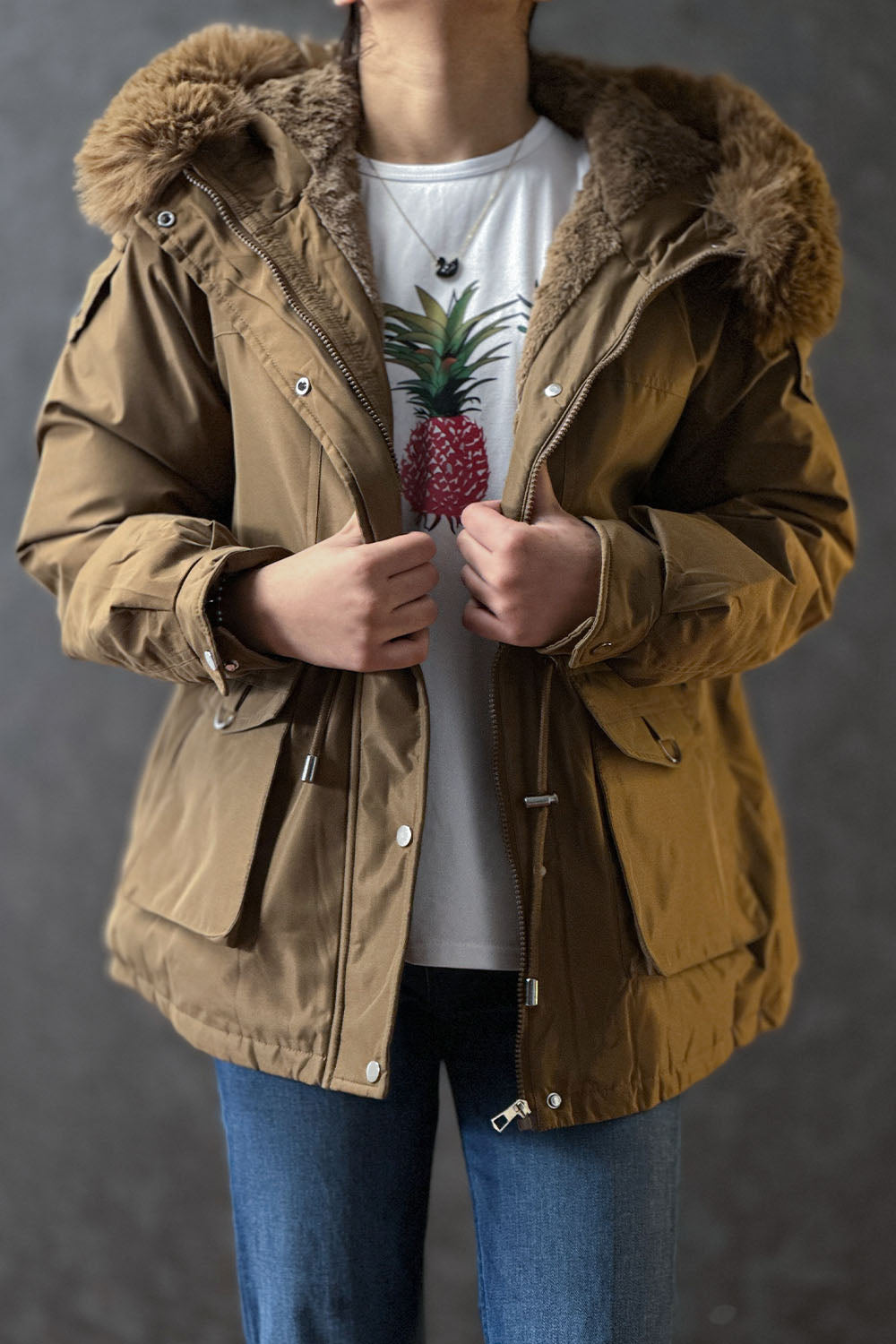 Women Golden Brown Puffer Jacket 3324047