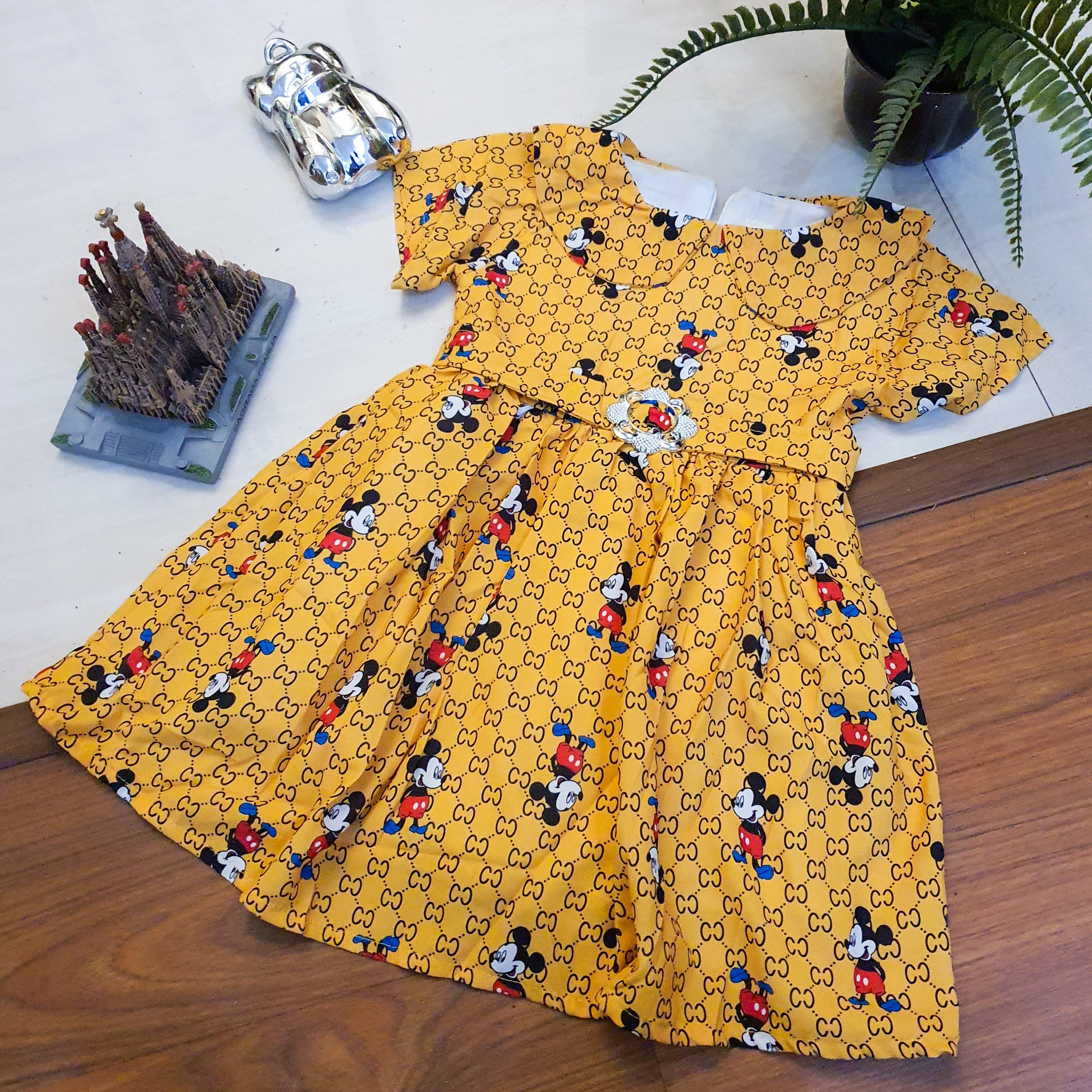 Yellow Micky Mouse All Over Printed Girls Frock - Italiano.pk