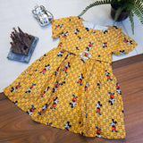 Yellow Micky Mouse All Over Printed Girls Frock - Italiano.pk